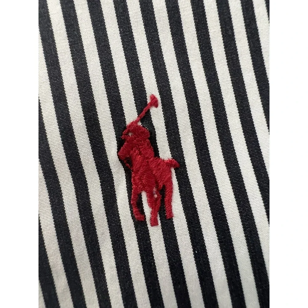 Vintage Ralph Lauren Classic Fit Shirt Mens 16.5 L Black White Stripe Red Pony